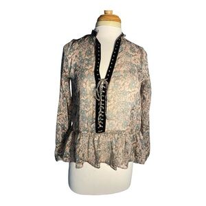 Zara Z1975 Denim Floral Lace-Up Sheer Blouse with Velvet Trim